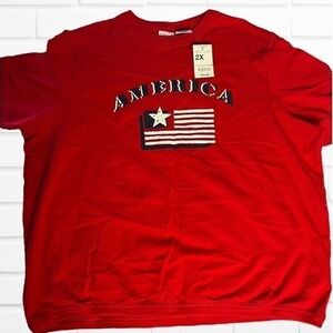 Cabin Creek Womens‎ Red America Flag Short Sleeve Sweatshirt NWT 2X Made in USA